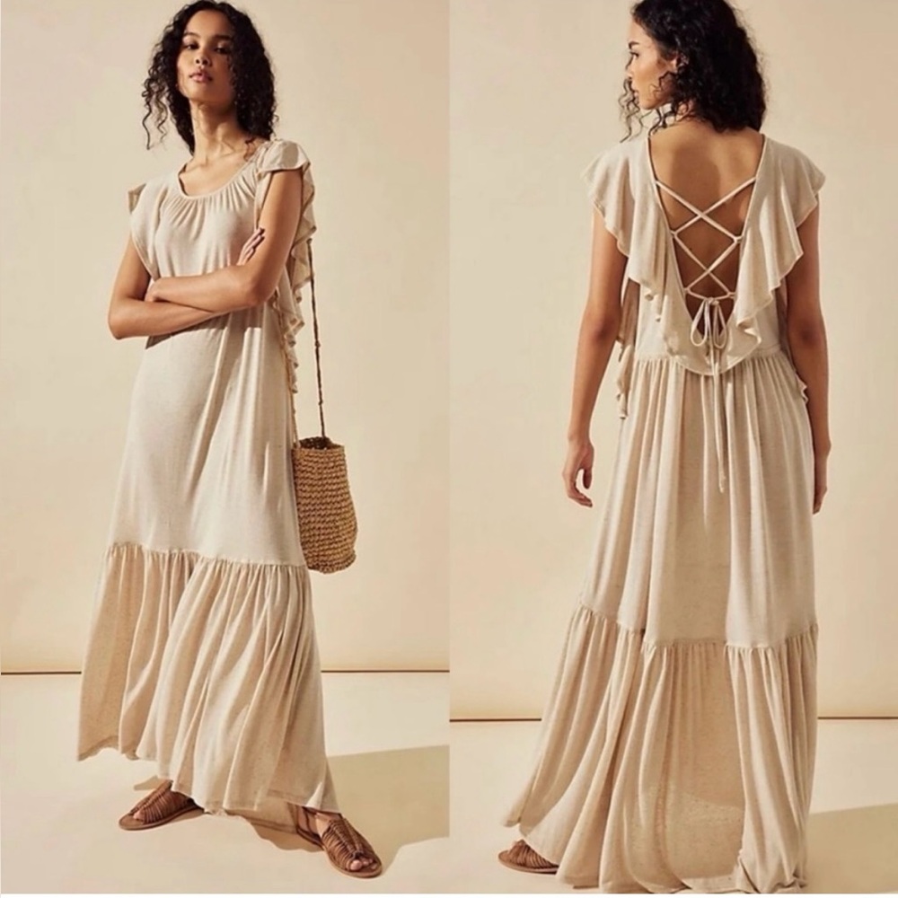 Free People Terrazo Maxi Dress Linen Blend Oatmeal Neutral Ruffle FP Beach L NWT